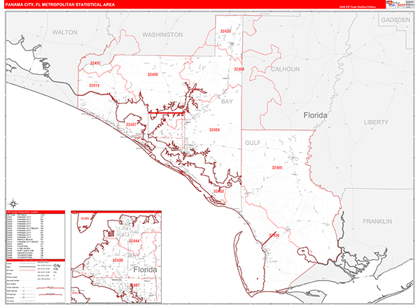 Panama City Metro Area Wall Map Red Line Style